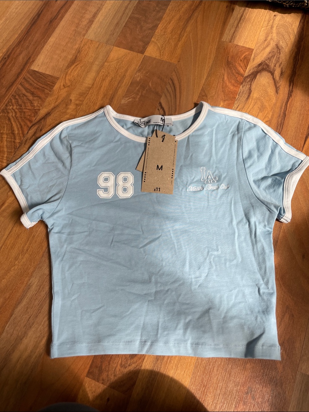 Primark Light Blue Ringer Crop Top with White Trim & '98 Patch